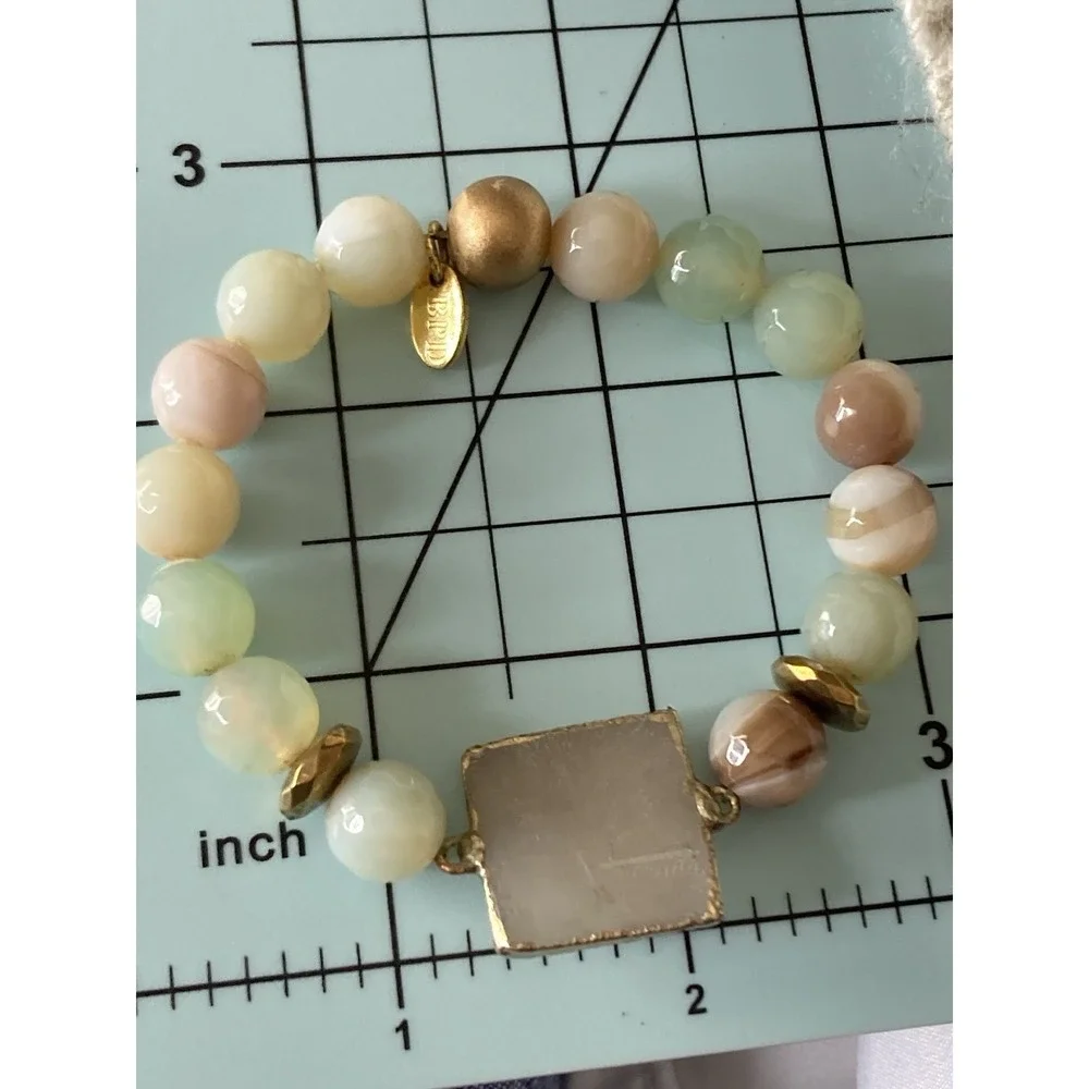 BPD Pastel Agate Beaded Stretch Bracelet Druzy Quartz Connector Gold Tone